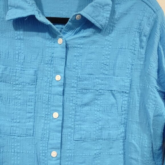 Cato Women's Blue Crinkle Button Down Top - Picture 3 of 5